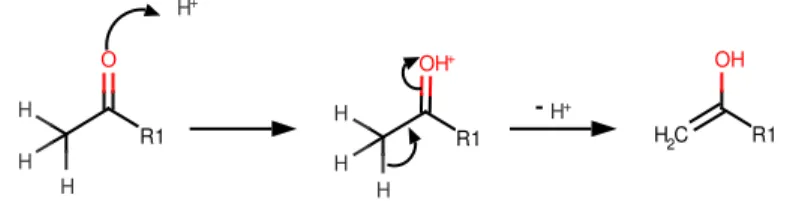 Gambar 2. Reaksi Pembentukan Enol Menggunakan Katalis Asam  Katalis asam akan memprotonasi gugus karbonil pada atom oksigen yang diikuti 