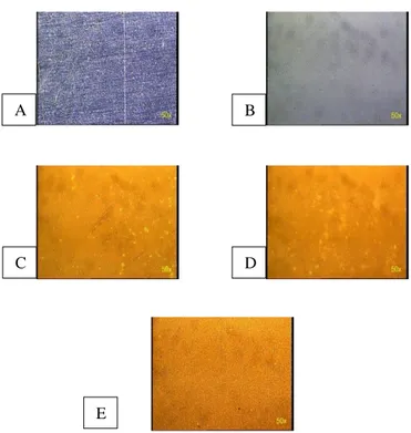 Gambar 3.6 Permukaan aluminium (A) tanpa perlakuan, (B) anodized, (C) anodized   dan dyed  konsetrasi kunyit 10 gram/liter,  (D) 20 gram/liter dan (E) 30 gram/liter 