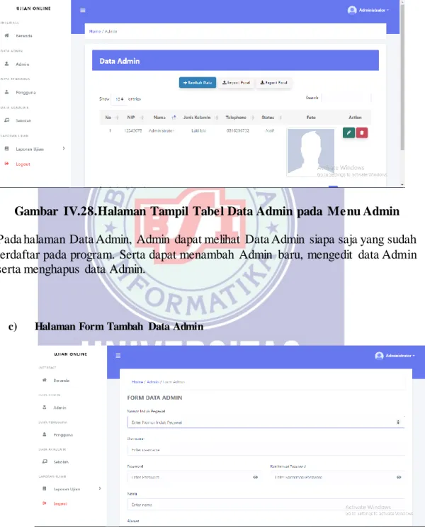 Gambar  IV.28.Halaman Tampil Tabel Data Admin pada  Menu Admin  Pada halaman Data Admin,  Admin  dapat melihat  Data Admin  siapa saja yang sudah  terdaftar pada program