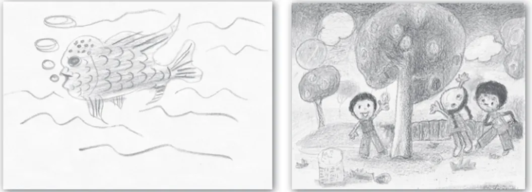 gambar 4 bunga matahari  kesayanganku  karya dikagambar 2 (kiri) ikan kesayangan karya dinogambar 3 (kanan)memetik buah manggakarya bima a menggambar  ekspresi