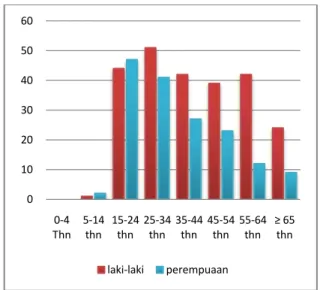 Grafik  6.  Tren  jumlah  penderita  TB  Paru  BTA      Positif   menurut umur Tahun 2013-2015 