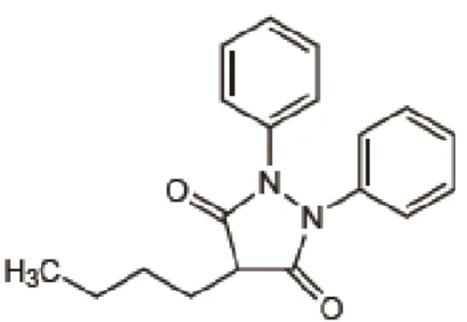 Gambar 2.2 Struktur Fenilbutazon   Nama Kimia  : 4-Butil-1,2-difenil-3,5-pirazolidinadion   Rumus Molekul  : C 19 H 20 N 2 O 2 