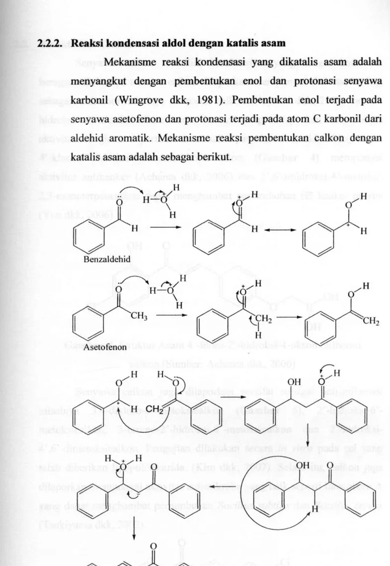 Gambar 3. Meknisme reaksi pembentukan senyawa calkon  menggunakan katalis asam (Sumber: Patil dkk, 2009) 
