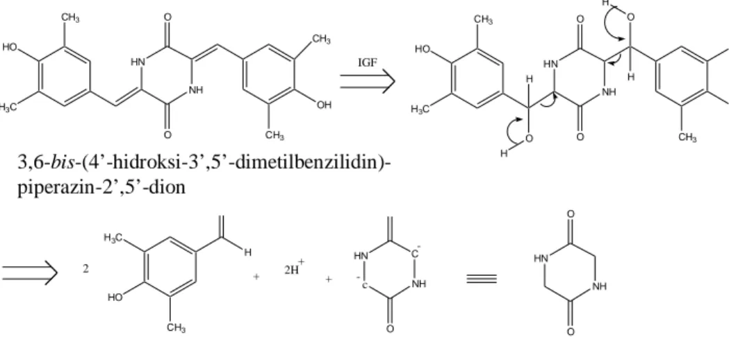 Gambar  3.  Analisis  diskoneksi  senyawa  3,6-bis-(4’-hidroksi-3’,5’- 3,6-bis-(4’-hidroksi-3’,5’-dimetilbenzilidin)-piperazin-2’,5’-dion,  diawali  dengan  interkorvesi  gugus  fungsional  menjadi  senyawa  β  hidroksi  karbonil  diikuti  dengan  diskonek