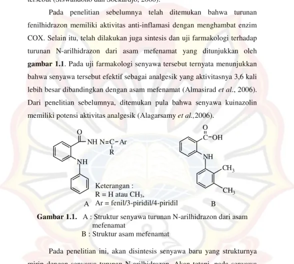 Gambar 1.1.   A : Struktur senyawa turunan N-arilhidrazon dari asam   mefenamat 