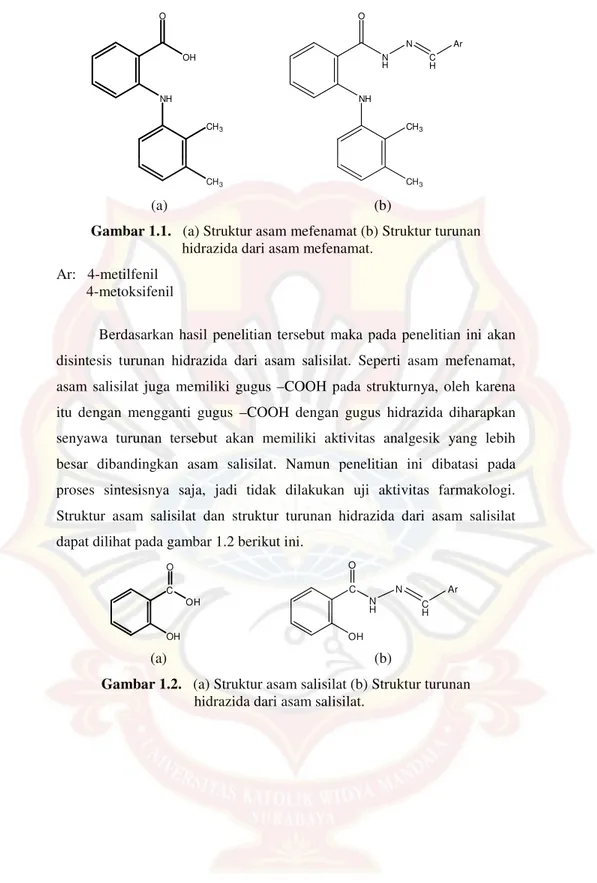 Gambar 1.1.   (a) Struktur asam mefenamat (b) Struktur turunan             hidrazida dari asam mefenamat
