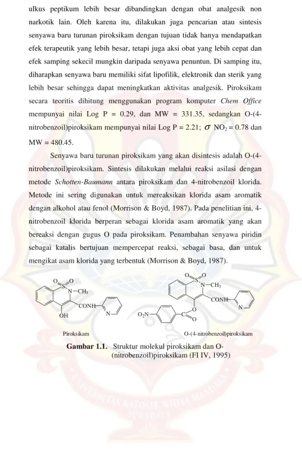 Gambar 1.1.   Struktur molekul piroksikam dan O-                             (nitrobenzoil)piroksikam (FI IV, 1995) 
