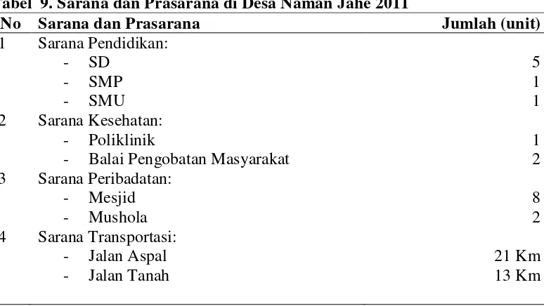 Tabel  9. Sarana dan Prasarana di Desa Naman Jahe 2011 