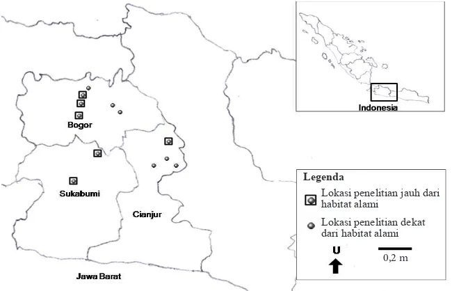 Gambar 1. Peta lokasi penelitan di Kabupaten Bogor, Sukabumi, dan Cianjur, Jawa Barat.