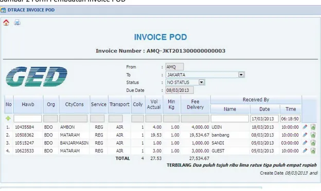 Gambar 2 Form Pembuatan Invoice POD      KETERANGAN   1.  Si Pembuat Invoice wajib mengisi KODE PENERIMA INVOICE, agar tercreate nomor invoice dan  perhitungan fee delivery  2
