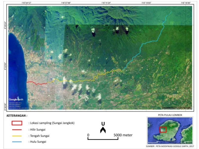 Gambar 2. Skema kerja pengambilan sampel di bagian hulu, tengah dan hilir Sungai Jangkok, Lombok, Nusa Tenggara Barat (1, 2, 3,...20, 21, 22 adalah titik-titik pengambilan sampel).