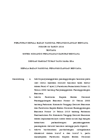 PERATURAN KEPALA BADAN NASIONAL PENANGGULANGAN BENCANA NOMOR 03 TAHUN ...