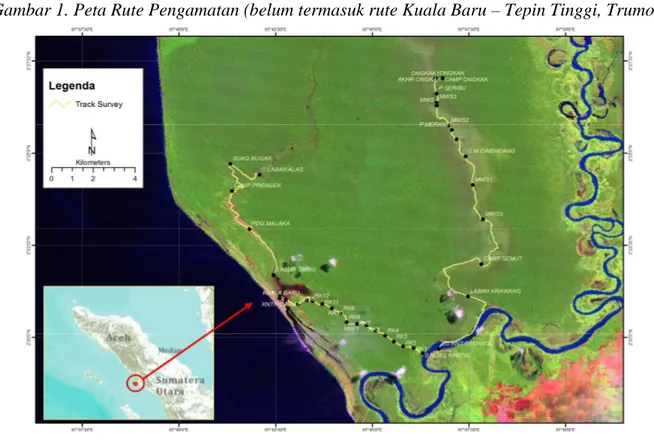 Gambar 1. Peta Rute Pengamatan (belum termasuk rute Kuala Baru – Tepin Tinggi, Trumon) 