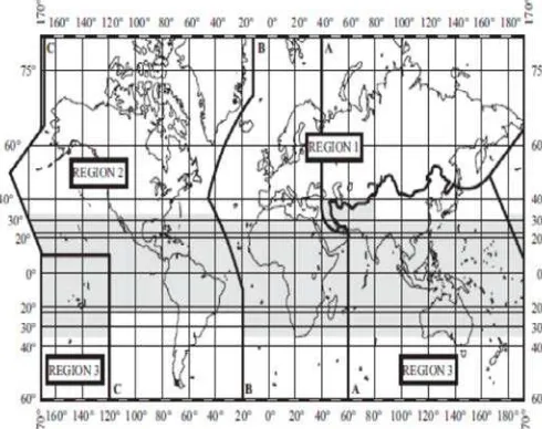 Gambar 2. Pembagian Wilayah Alokasi Spektrum Frekuensi Dunia (Sumber: Lampiran PM Kominfo No.29/PER/M.Kominfo/07/2009 tgl 30 Juli 2009) 