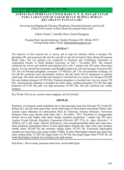Survei Dan Pemetaan Unsur Hara N, P, K, Dan Ph Tanah Pada Lahan Sawah ...