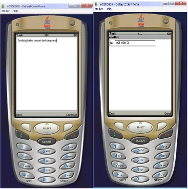 Gambar  di  atas  menunjukkan  simulasi  pengiriman  teks  SMS  yang  berisi  “Testing  Kirim  Pesan  Terkompresi” dari Nomor +5550000 ke nomor +5550001