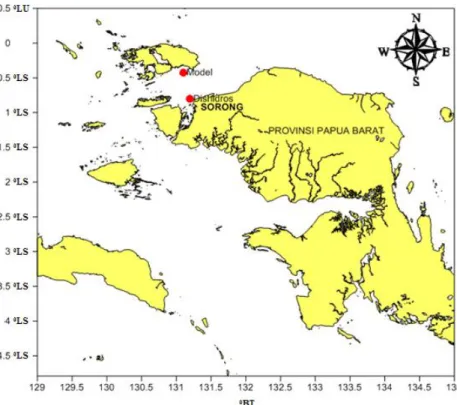 Gambar 4. Titik pengamatan elevasi (lingkaran merah) hasil model dan hasil pengukuran DISHIDROS TNI AL  untuk validasi 