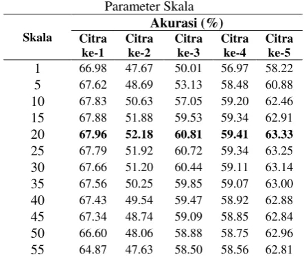 Tabel 3. Nilai Akurasi Pengujian Pengaruh  Parameter Skala 