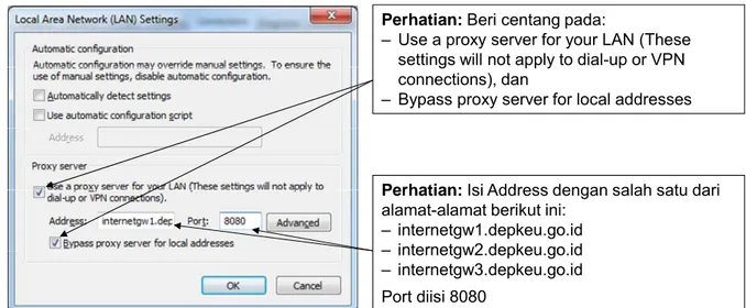Gambar 2 Setting proxy untuk mengakses Internet. 