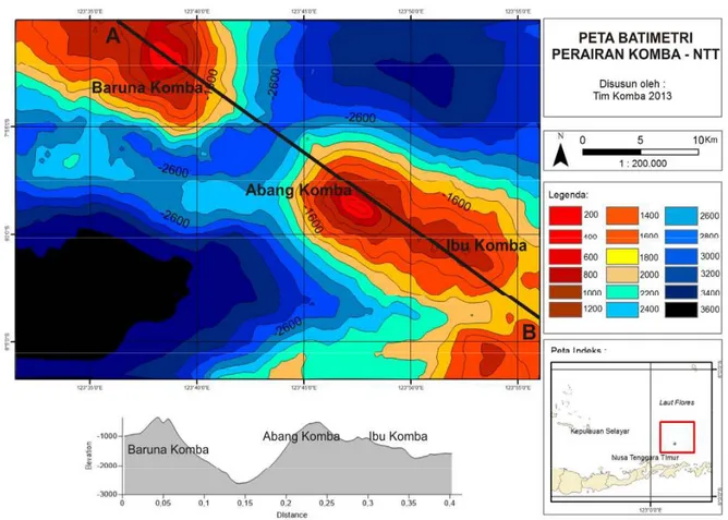 Gambar 2.  Peta Batimetri gunung bawah laut Baruna, Abang dan Ibu Komba