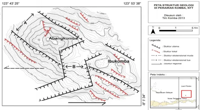 Gambar 6.  Peta Struktur Geologi di antara gunung bawahlaut Abang dan Ibu Komba (Sarmili L., drr., 2013)