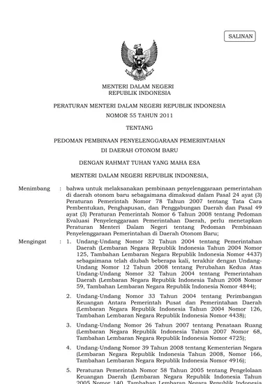 PERATURAN MENTERI DALAM NEGERI REPUBLIK INDONESIA NOMOR 55 TAHUN 2011 ...