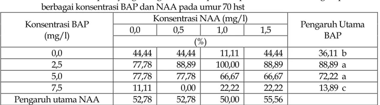 Tabel 2.  Persentase  eksplan  yang  mengalami  multiplikasi    pada  media  MS  dengan  pemberian  berbagai konsentrasi BAP dan NAA pada umur 70 hst 