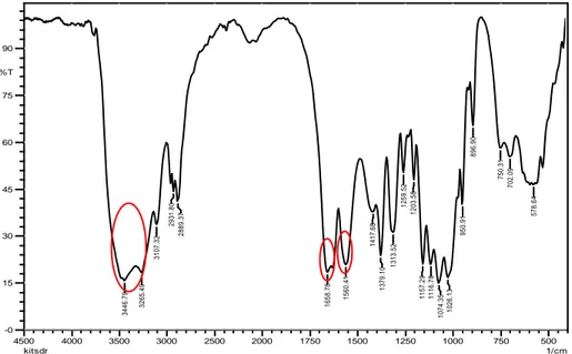 Gambar 2.  Spektrum IR kitin standar. Puncak khas kitin pada bilangan gelombang  3265 cm -1 , 3107 cm -1 , 1659 cm -1 , dan 1560 cm -1  ditandai dengan lingkaran merah