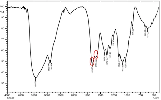 Gambar 4.  Spektrum IR kitosan standar. Puncak khas kitosan pada bilangan  gelombang 1657 cm -1  dan 1582 cm -1  ditandai dengan lingkaran merah