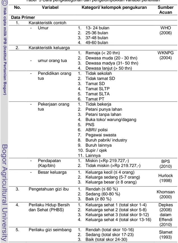Tabel  3 Cara pengkategorian dan pengelompokkan variabel penelitian 
