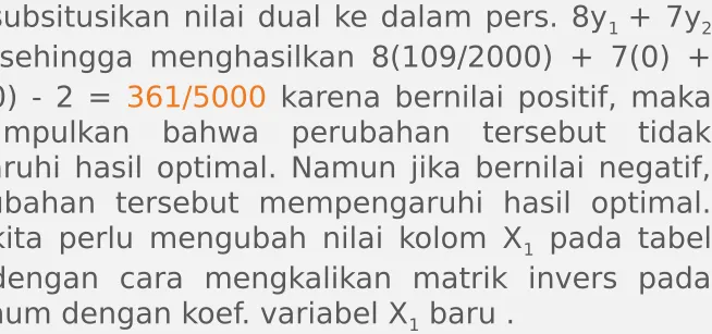 tabel optimum dengan koef. variabel X1 baru .