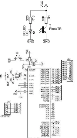 Gambar 3.7 mikrokontroler Atmega8535sensor IR Ledmenampilkan konfigurasi  dan Phototransistor  dengan 