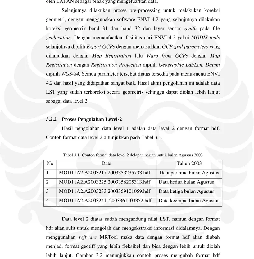 Tabel 3.1: Contoh format data level 2 delapan harian untuk bulan Agustus 2003 