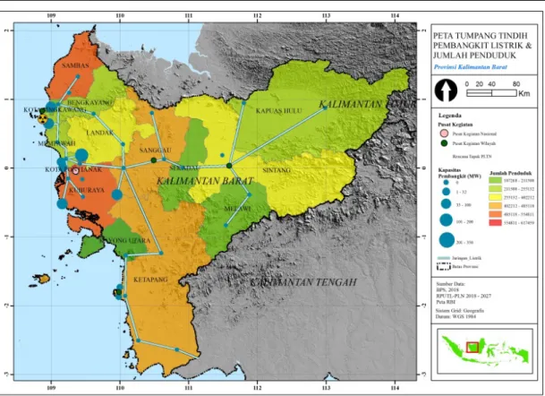 Gambar 4. Peta Overlay Pembangkit Listrik (pasokan) dengan Jumlah Penduduk per  Kabupaten (permintaan) (Analisis, 2019) 