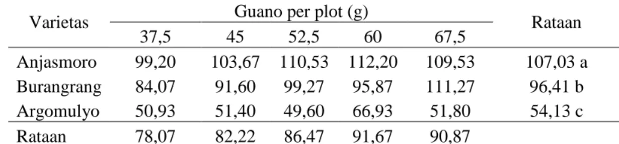 Tabel 4. Jumlah polong berisi per sampel pada perlakuan varietas dan dosis pupuk  guano 
