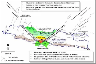 Gambar 1. Dua buah patahan geser berpasangan, Patahan Kebumen-Muria dan Patahan Pamanukan Cilacap yang menyebabkan kenampakan morfologi depresi pada garis pantai Jawa Tengah