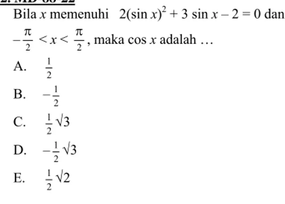 Grafik fungsi y = 2 + sin x   akan :  (1)  selalu di atas sumbu x  (2)  memotong sumbu x di (–2 , 0)  (3)  memotong sumbu y di (0 , 2)  (4)  memotong sumbu x secara periodik  71