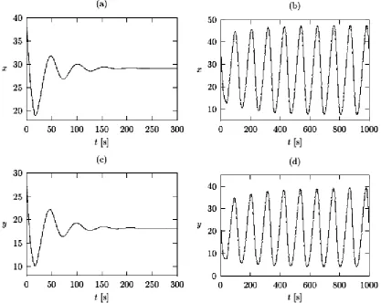 Gambar 5 :   Hasil simulasi model 2-variabel (Kollar, Turi; 2005) (a) konsentrasi CO2 pada  = 15 detik; (b) konsentrasi CO2 pada  = 40 detik;  (c) konsentrasi O2 pada  = 15 detik; (d) konsentrasi O2 pada  = 40 detik Tampak bahwa pada  = 40 detik, mode