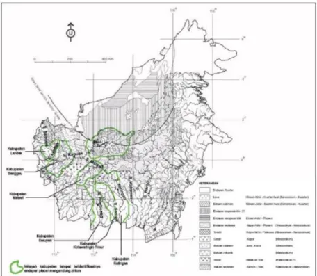 Gambar 3.2    Peta lokasi sejumlah kabupaten di Pulau Kalimantan tempat terindentifikasinya  endapan placer mengandung zirkon 