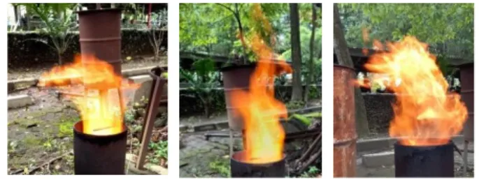 Gambar 5. Nyala api syngas (a) asap pekat tanda  syngas terbentuk (b) stabil (c) hampir padam  Nyala  api  yang  stabil  ditandai  dengan  dengan  solidnya  api  dan  ketinggian  api  cenderung  tinggi