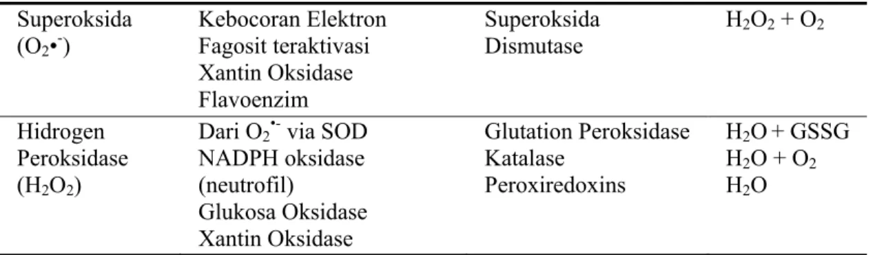 Tabel 1.1   Perlawanan Enzimatis Terhadap Spesi Oksigen Reaktif   Spesi Oksigen 