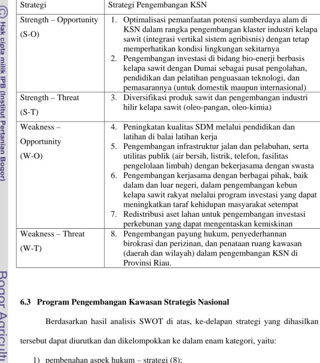 tabel tersebut tampak bahwa secara umum terdapat delapan strategi utama  pengembangan KSN Provinsi Riau