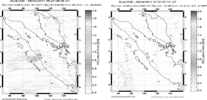 Gambar 4. Citra Satelit OMI menunjukkan kolom konsentrasi SO 2  di pulau Sumatra kiri: saat terjadi letusan abu 