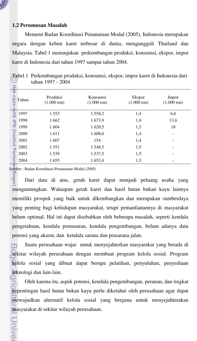 Tabel 1  Perkembangan produksi, konsumsi, ekspor, impor karet di Indonesia dari  tahun 1997 - 2004  Tahun  Produksi   (1.000 ton)  Konsumsi   (1.000 ton)  Ekspor    (1.000 ton)  Impor      (1.000 ton)  1997  1.553  1.558,2  1,4  6,6  1998  1.662  1.673,9  