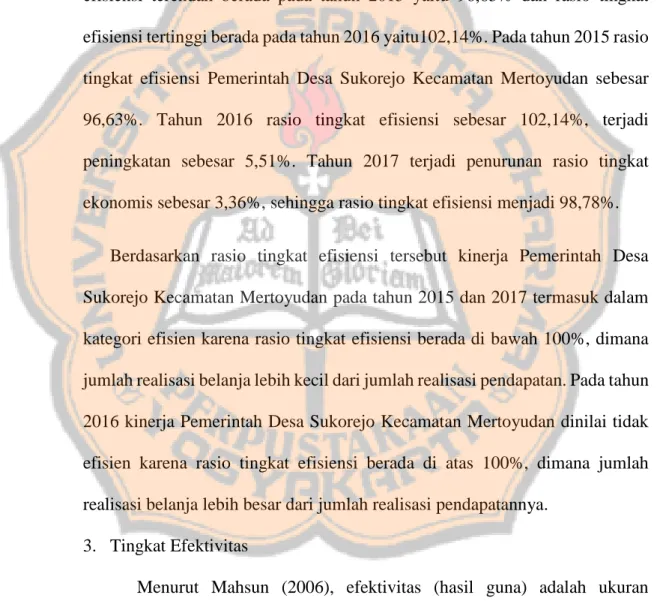 Tabel  15  dan  Gambar  9,  menunjukkan  rasio  tingkat  Efisiensi  Pemerintah  Desa  Sukorejo  Kecamatan  Mertoyudan  pada  tahun  2015-2017