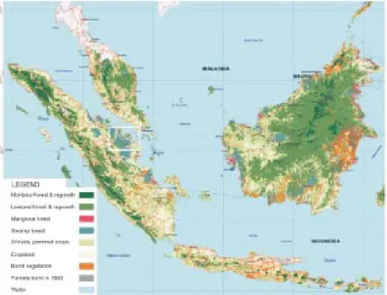 Gambar 1.  Penyebaran hutan rawa sebagai habitat tegakan ramin di Sumatra dan Kalimantan (warna biru ke abu-abuan)(Sumber: