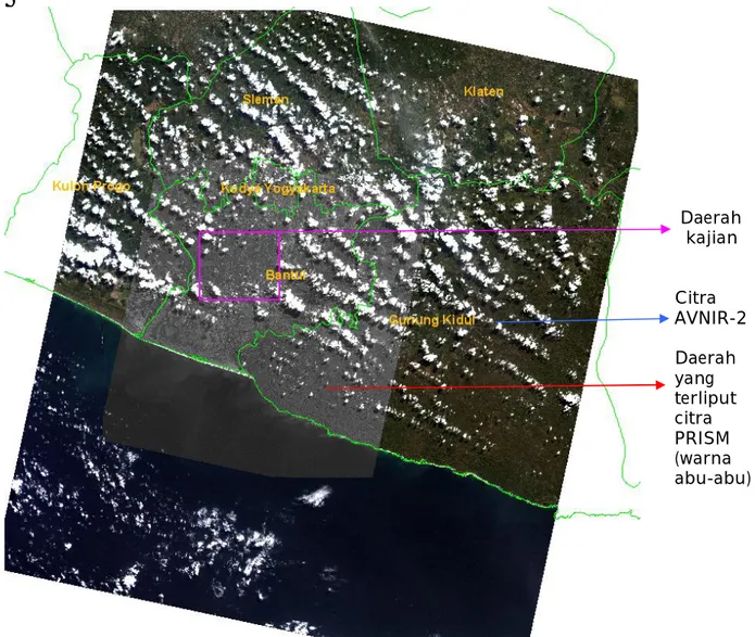 Gambar 4-2: Liputan  penuh  Data  citra  AVNIR-2  ditumpang  tindih    dengan    data  citra                       PRISM, meliput daerah penelitian/kajian  