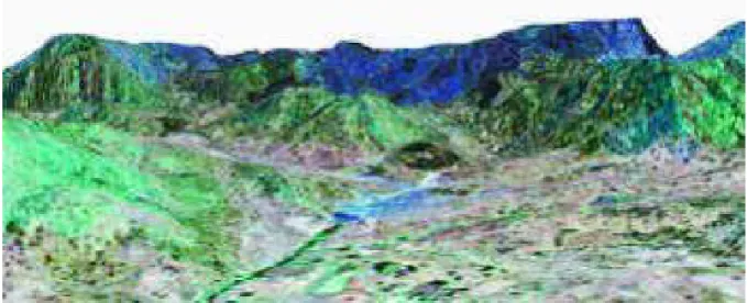 Gambar 5-1: Citra komposit warna alami yang menunjukkan pandangan perspektif  3 D   dari Khed Brahma, Gujarad, India; diperoleh dengan teknik fusi citra hitam  putih Pankromatik (PAN-Aft)-CARTOSAT-1 dengan data citra Multispektral  (LISS-IV Mx) IRS-P6 