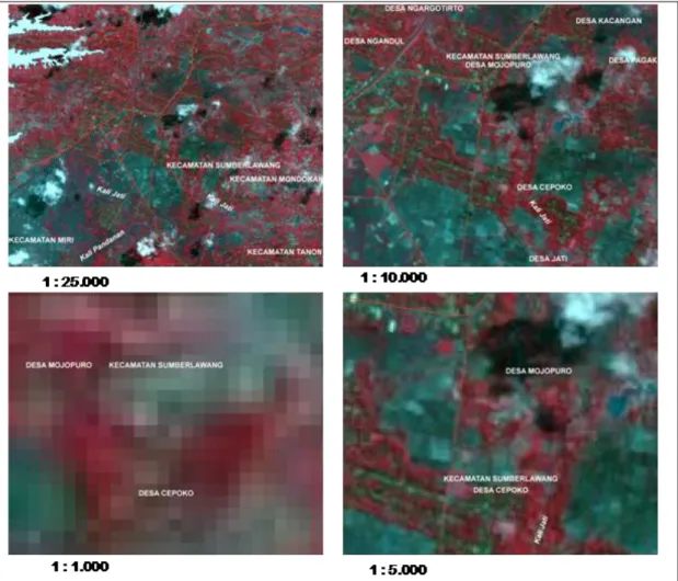 Gambar 3: Iterasi tampilan citra ALOS AVNIR-2 komposit band 4,3,2 pada berbagai  skala, lokasi di daerah kabupaten Sragen, Jawa Tengah 