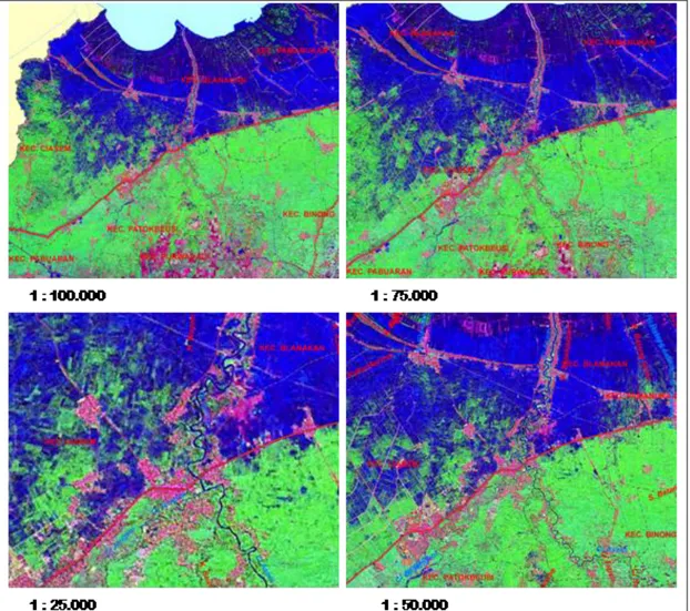 Gambar 4: Iterasi tampilan citra Landsat ETM komposit band 7,4,2 pada berbagai skala,  lokasi di daerah kabupaten Subang, Jawa Barat 